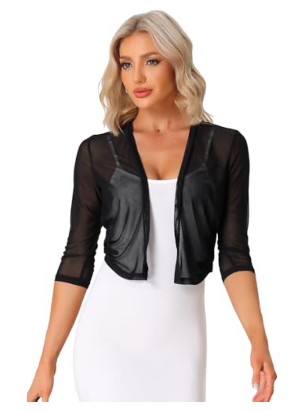 Women's Elegant Mesh Sheer Shrug Cardigan 3/4 Sleeve Open Front Ruched